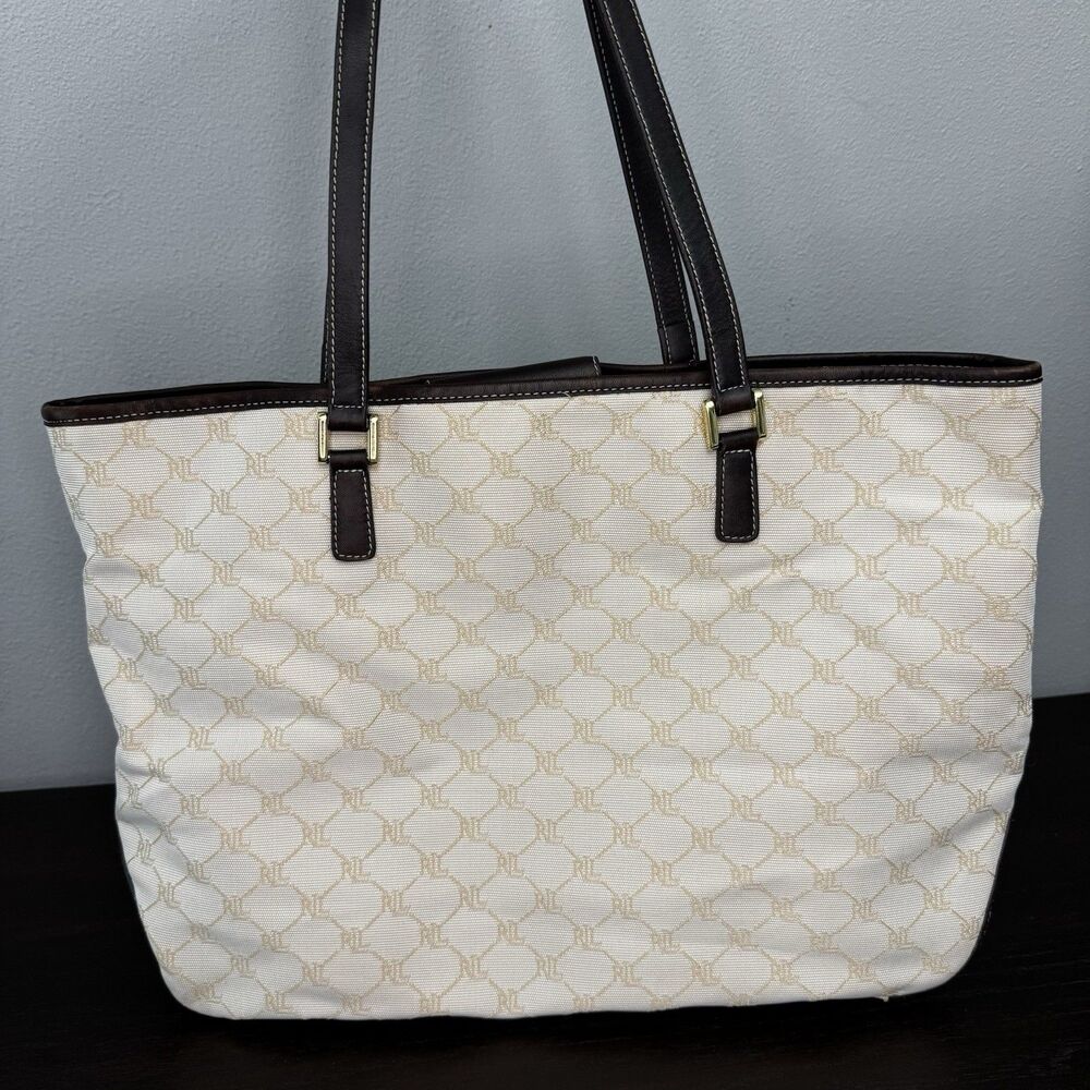 Lauren Ralph Lauren Monogram Jacquard Canvas Tote Bag Leather Trim Cream Brown